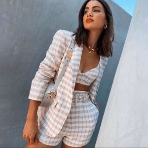 Camila Coelho tan check blazer short and bralette set 3 pieces XS